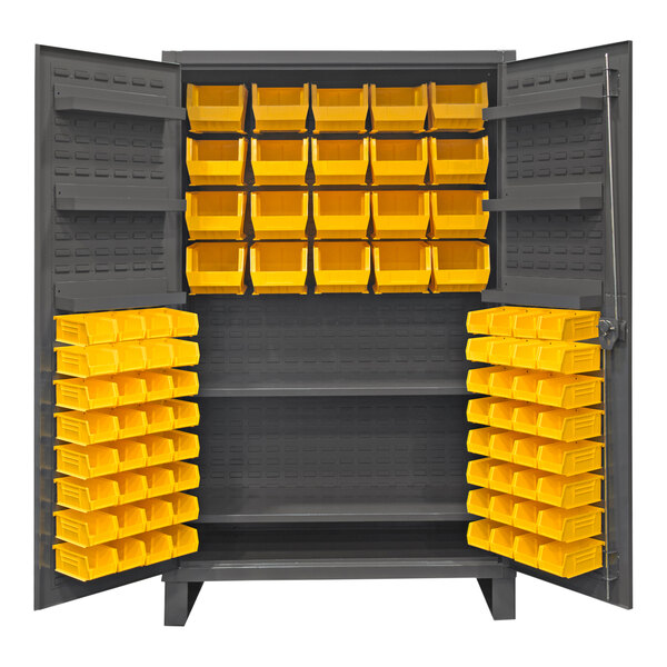 A large metal Durham storage cabinet with yellow bins on shelves.