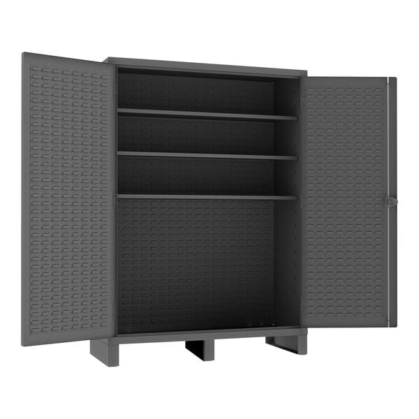 A gray metal cabinet with 3 adjustable shelves.