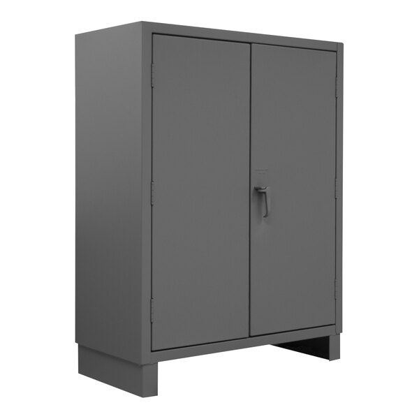 A gray metal Durham Mfg storage cabinet with two doors.