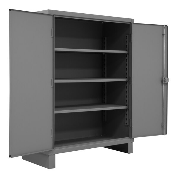 A white rectangular Durham Mfg steel storage cabinet with open doors.
