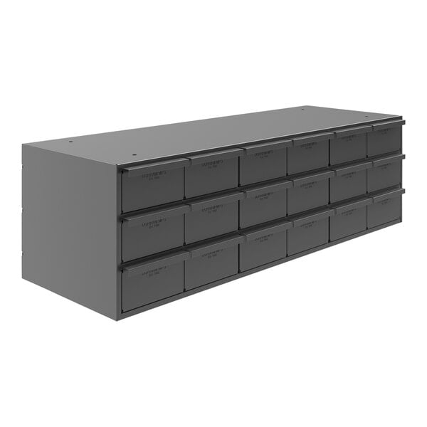 A black steel Durham storage cabinet with 18 drawers.