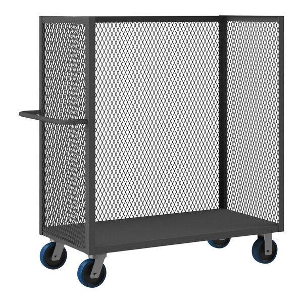 A black Durham Mfg steel mesh utility cart with blue polyurethane wheels.