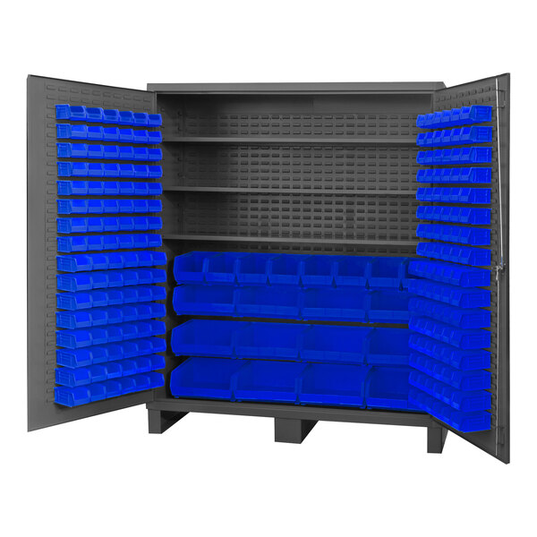 A large metal Durham storage cabinet with blue bins on shelves.