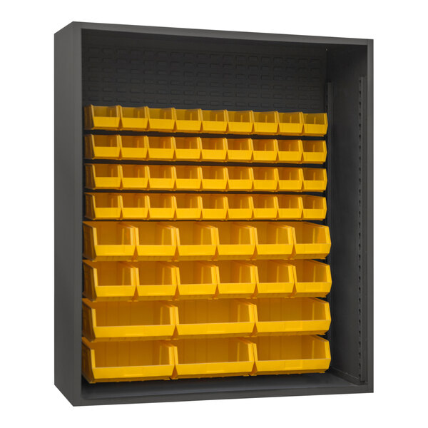 A metal cabinet with yellow bins on yellow shelves.