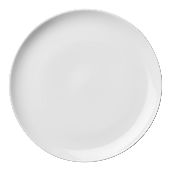 A white Luzerne porcelain coupe plate with a white rim.