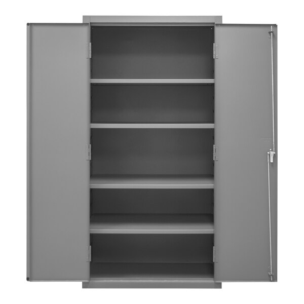 A grey steel Durham storage cabinet with open doors and shelves.