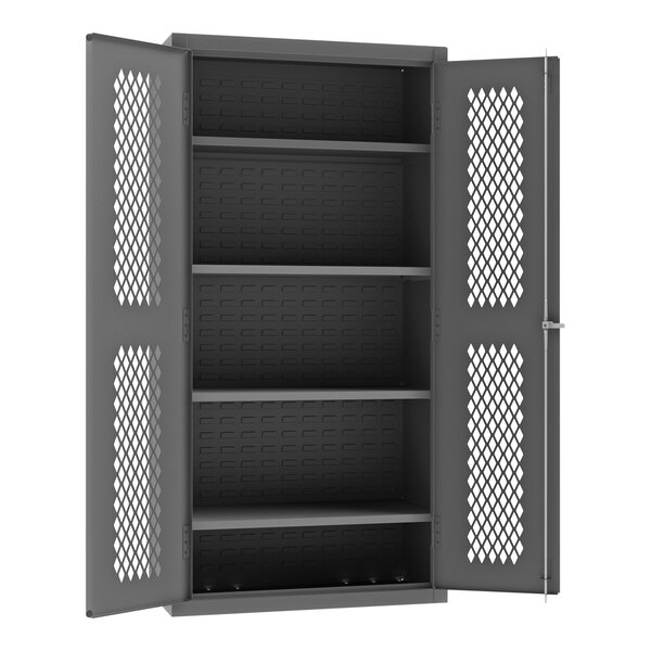 A gray metal cabinet with shelves and a grey metal door with diamond shaped holes.