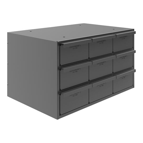 A grey metal Durham storage cabinet with nine drawers.