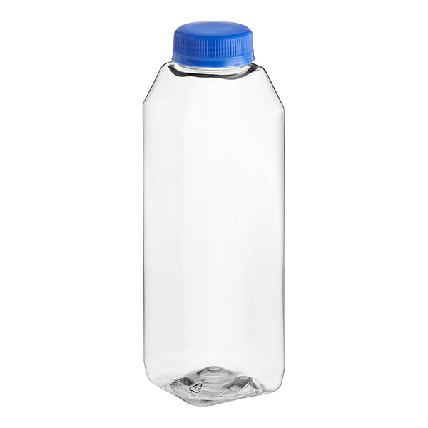 A 16 oz. clear rPET juice bottle with a blue cap.