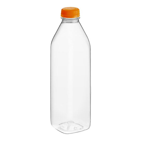 A clear plastic 32 oz. Tall Square Milkman juice bottle with an orange cap.