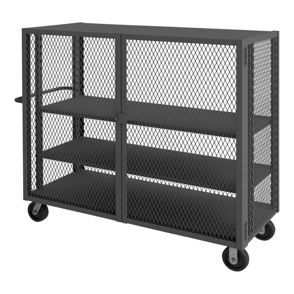 A black metal Durham Mfg cage truck with three shelves on wheels.