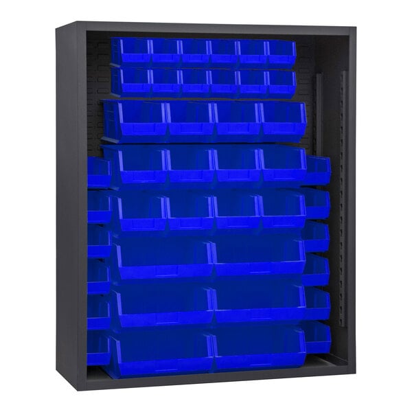 A metal cabinet with blue bins inside.