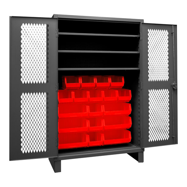 A black metal Durham storage cabinet with red bins inside.