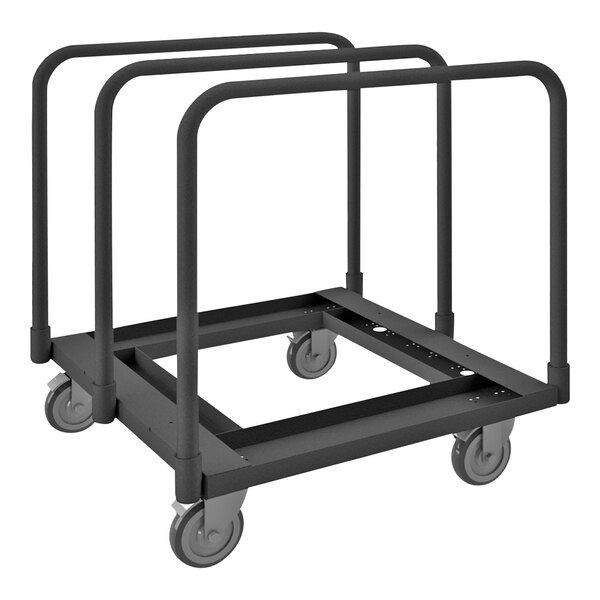 A black Durham steel panel truck with wheels and four metal bars.