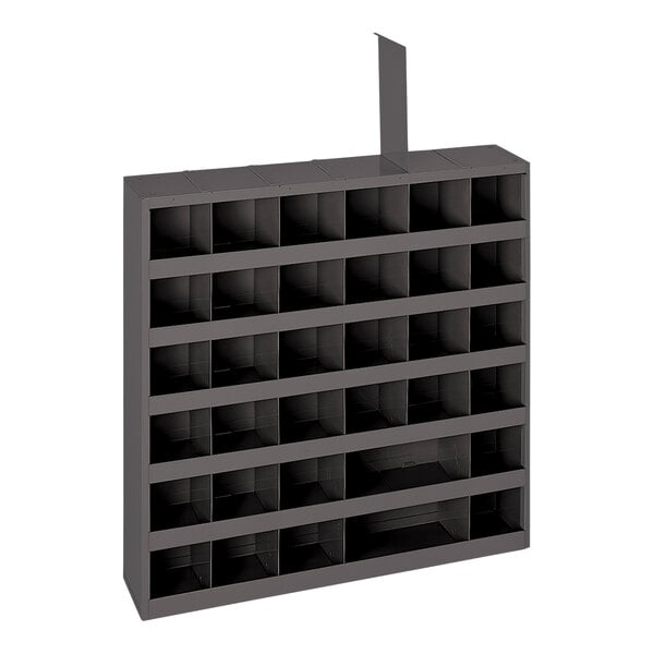 A black metal Durham Mfg steel shelf with 36 compartments.