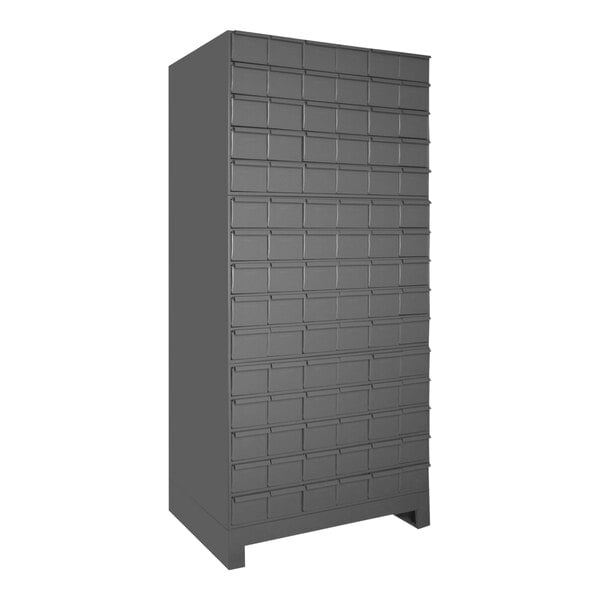 A grey rectangular Durham Mfg steel storage cabinet with many drawers.