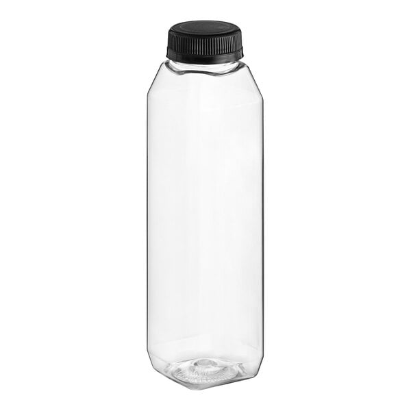 A clear plastic tall square juice bottle with a black lid.