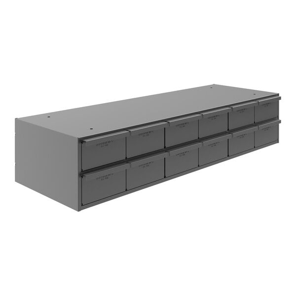 A grey rectangular Durham steel storage cabinet with 12 drawers.