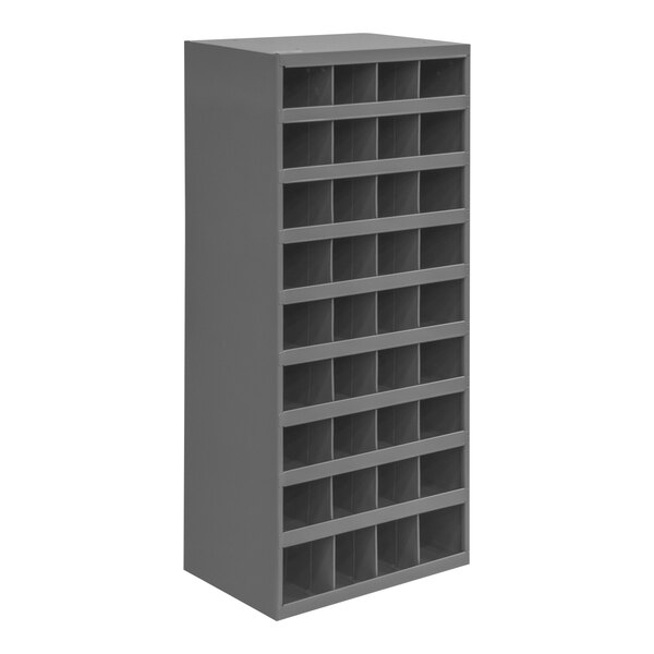 A grey metal Durham Mfg storage shelf with many compartments.