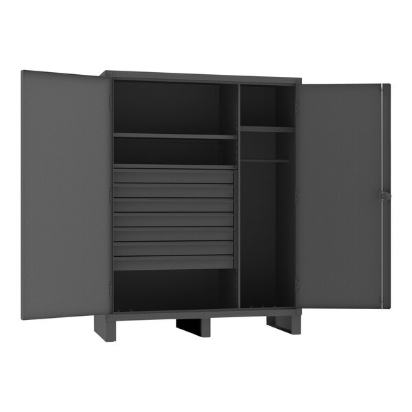 A black Durham Manufacturing steel wardrobe cabinet with open doors.