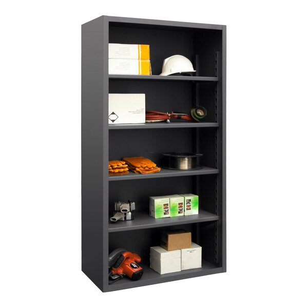 A black Durham Mfg enclosed shelving cabinet with various items on the shelves.