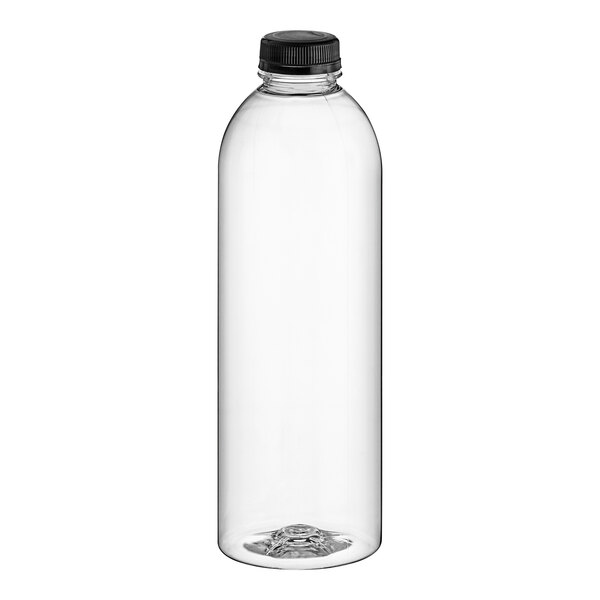 A 32 oz. clear plastic round juice bottle with a black lid.