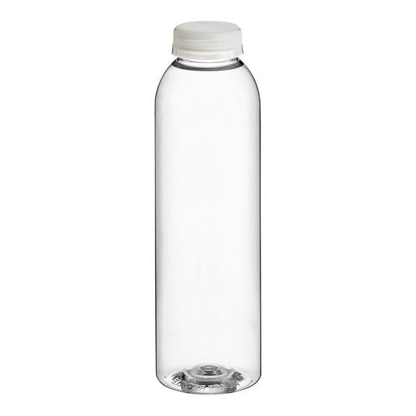 A clear plastic juice bottle with a clear lid.