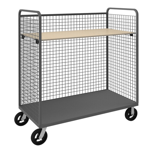 A gray metal Durham wire cart with 1 shelf on wheels.