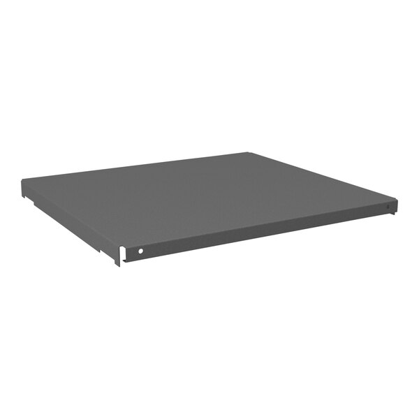 A grey rectangular Durham steel shelf with holes.