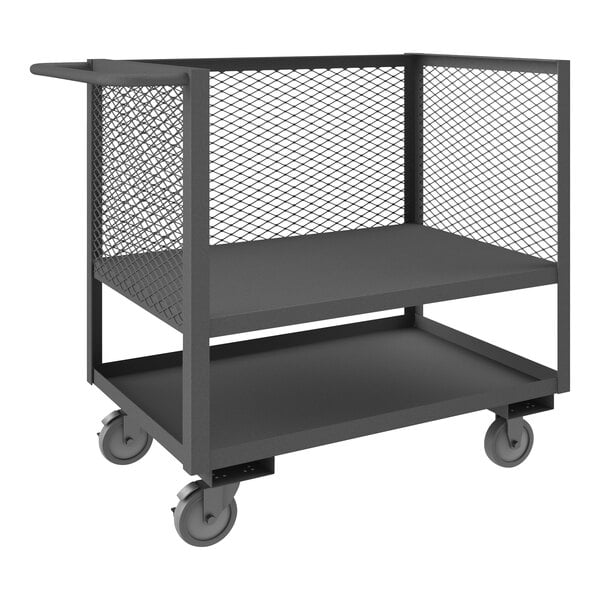 A black Durham steel low-deck cart with mesh shelves and a mesh cage on wheels.
