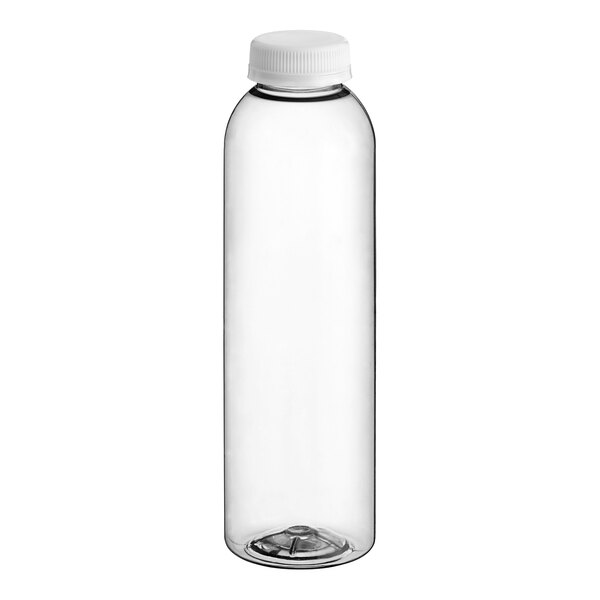 A clear plastic bottle with a white cap.