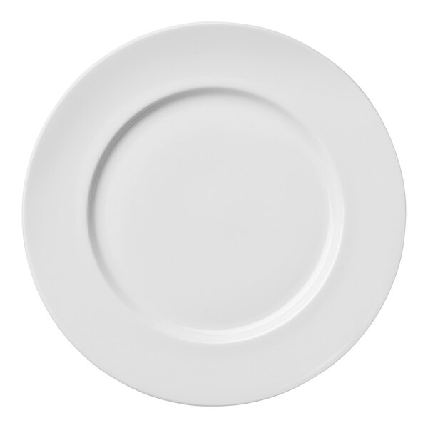 A Luzerne Sentosa bright white porcelain plate with a wide circular rim.