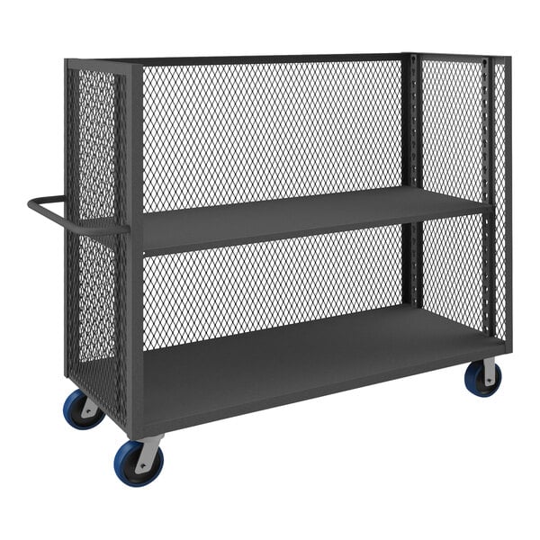 A black steel mesh Durham Mfg 3-sided industrial cart with 2 shelves and blue polyurethane wheels.