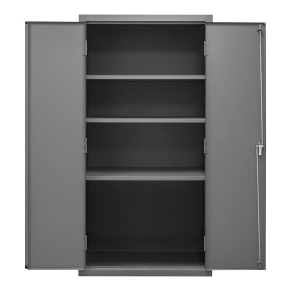 A gray metal shelf cabinet with open doors.