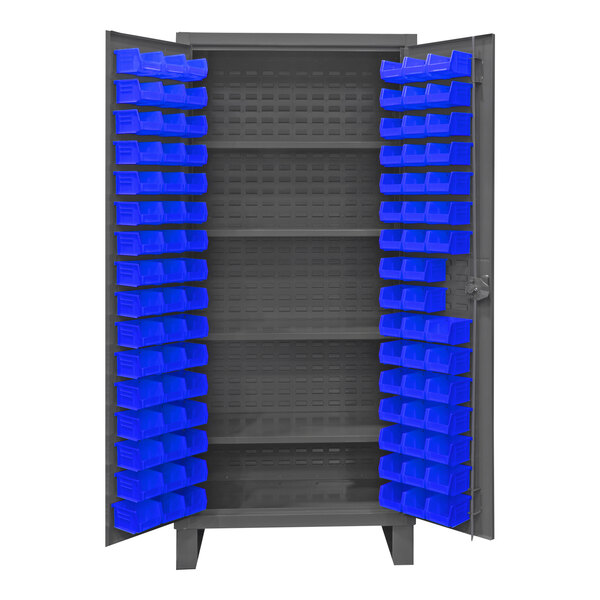 A metal Durham storage cabinet with blue bins on shelves.