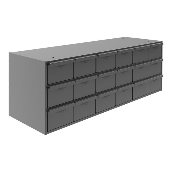 A grey metal Durham Mfg storage cabinet with 18 drawers.