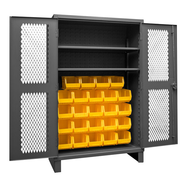 A Durham steel storage cabinet with yellow bins inside.