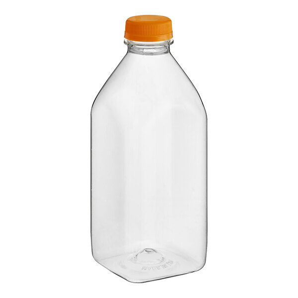 A clear plastic 32 oz. Square Milkman juice bottle with an orange lid.