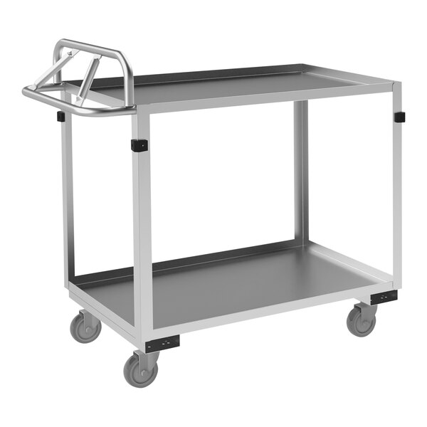 A silver stainless steel Durham stock cart with two metal shelves and an ergonomic handle.