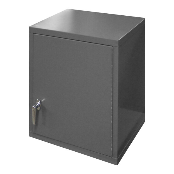 A gray metal cabinet box with a handle and lock.