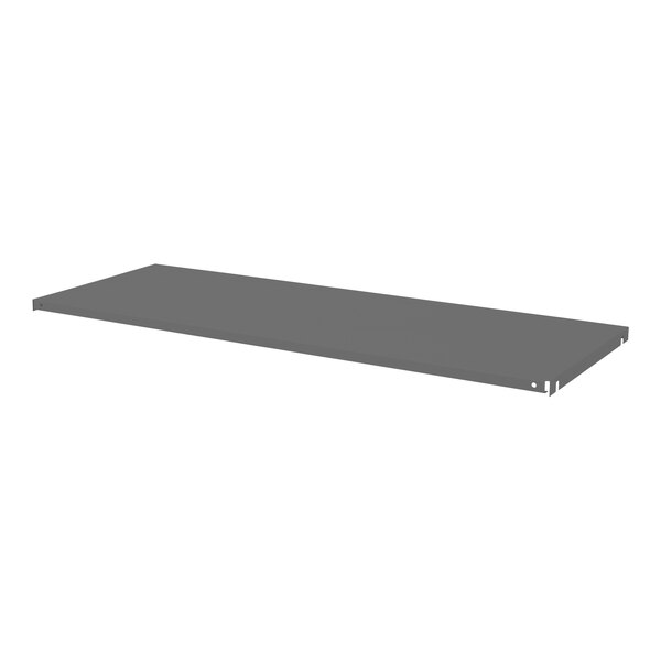 A grey rectangular Durham steel shelf with holes.