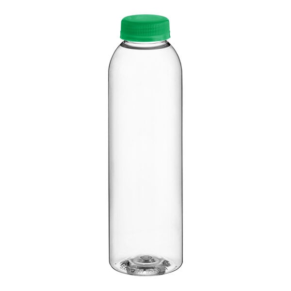 A clear plastic bottle with a green cap.