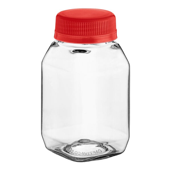 A Square PET clear energy bottle with a red lid.