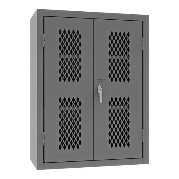 A gray metal ventilated cabinet with lockable doors.