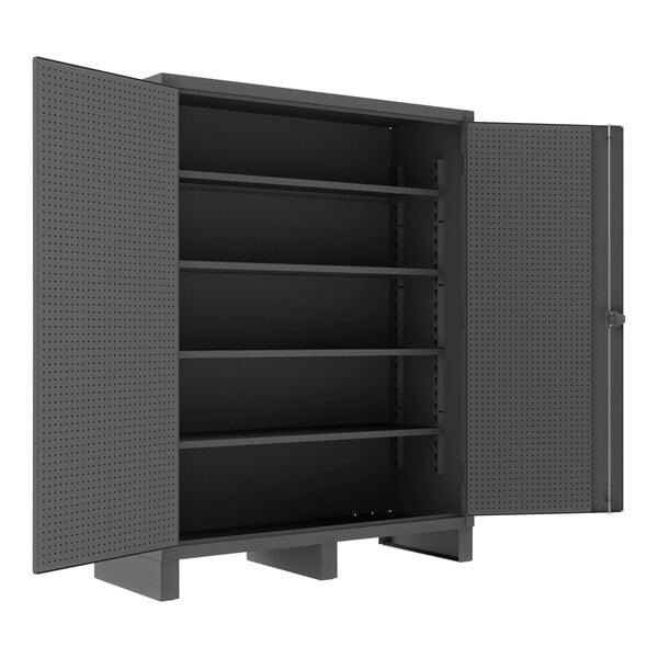 A black metal Durham storage cabinet with shelves and pegboard panels on the doors.