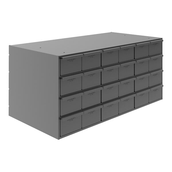 A grey metal Durham storage cabinet with 24 drawers.