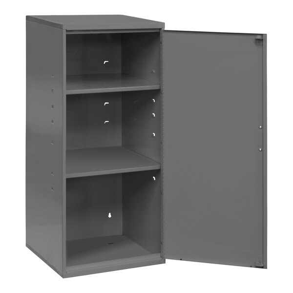 A grey 20 gauge steel Durham storage cabinet with open doors and shelves.