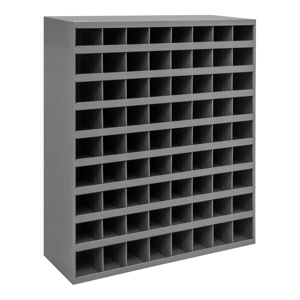 A grey Durham Manufacturing shelf with 72 square storage bin openings.