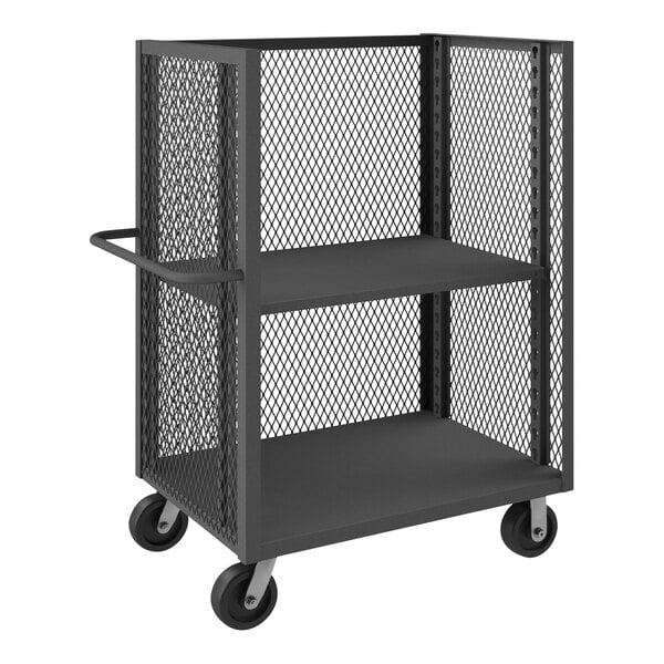 A black metal Durham Manufacturing cart with two shelves.