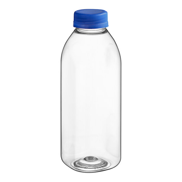 A 16 oz. clear Square Milkman PET juice bottle with a blue cap.